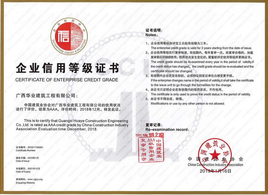 中国建筑业协会AAA企业信用等级证书
